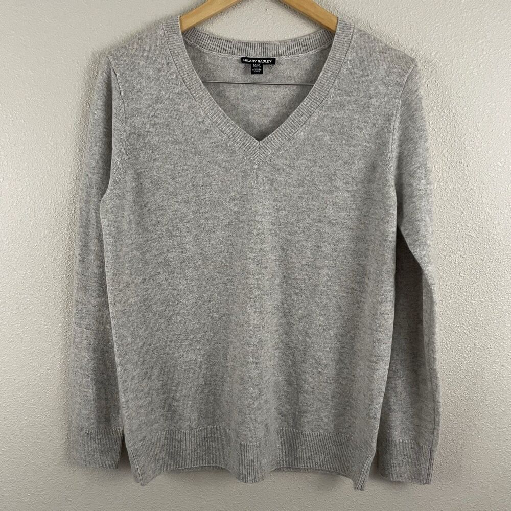 Hilary Radley Womens M Gray 100% Cashmere V Neck Long Sleeve Sweater